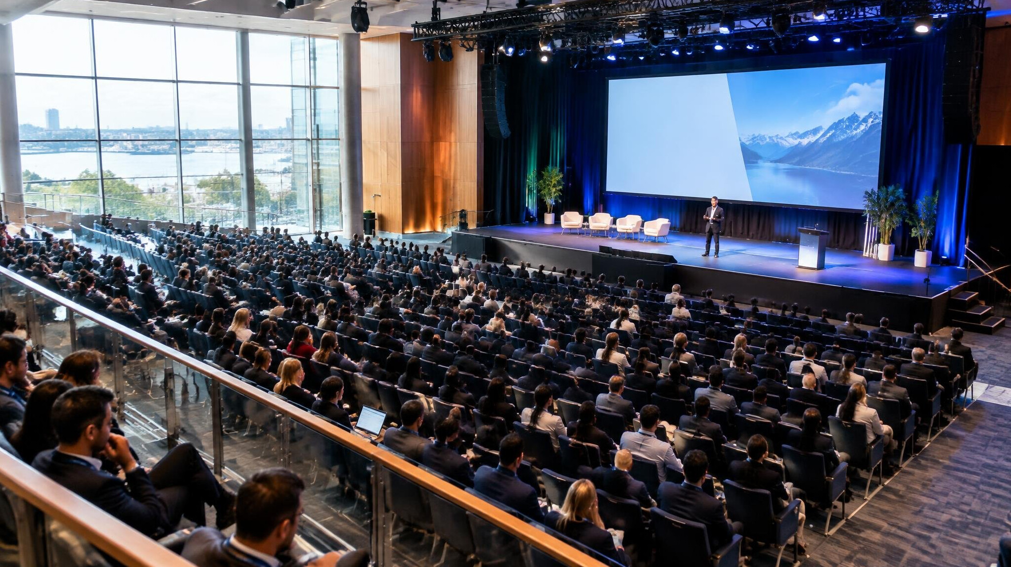 Conference hall with rows of seats and a stage