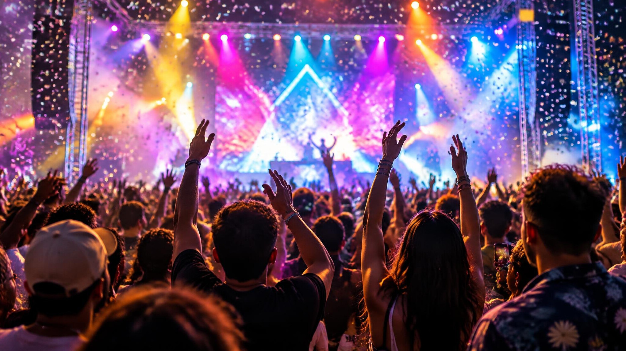 Festive crowd with colourful stage lights and confetti